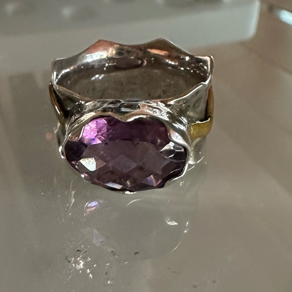 Arya Design Signed 925 Sterling Silver Gold Amethyst Hammered Boho Ring Size 8 - Picture 3 of 16